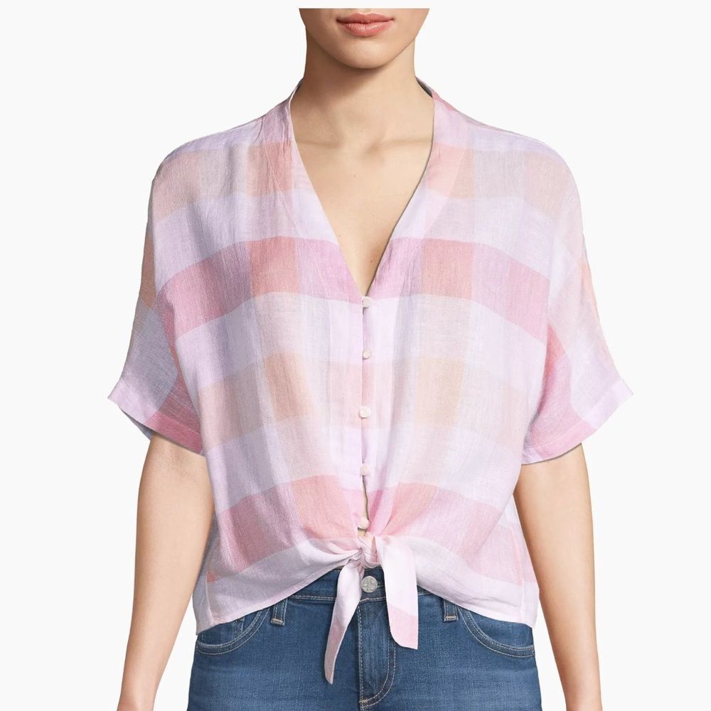 RAILS Thea gingham Tie Waist Blouse In Peach Blush White S